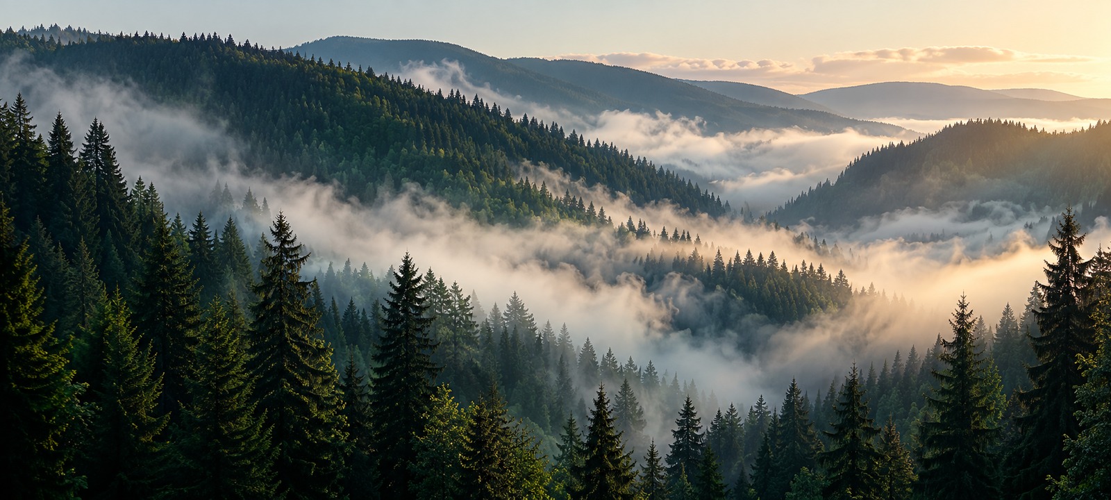 Schwarzwald mit bewaldeten Hügeln und Nebel